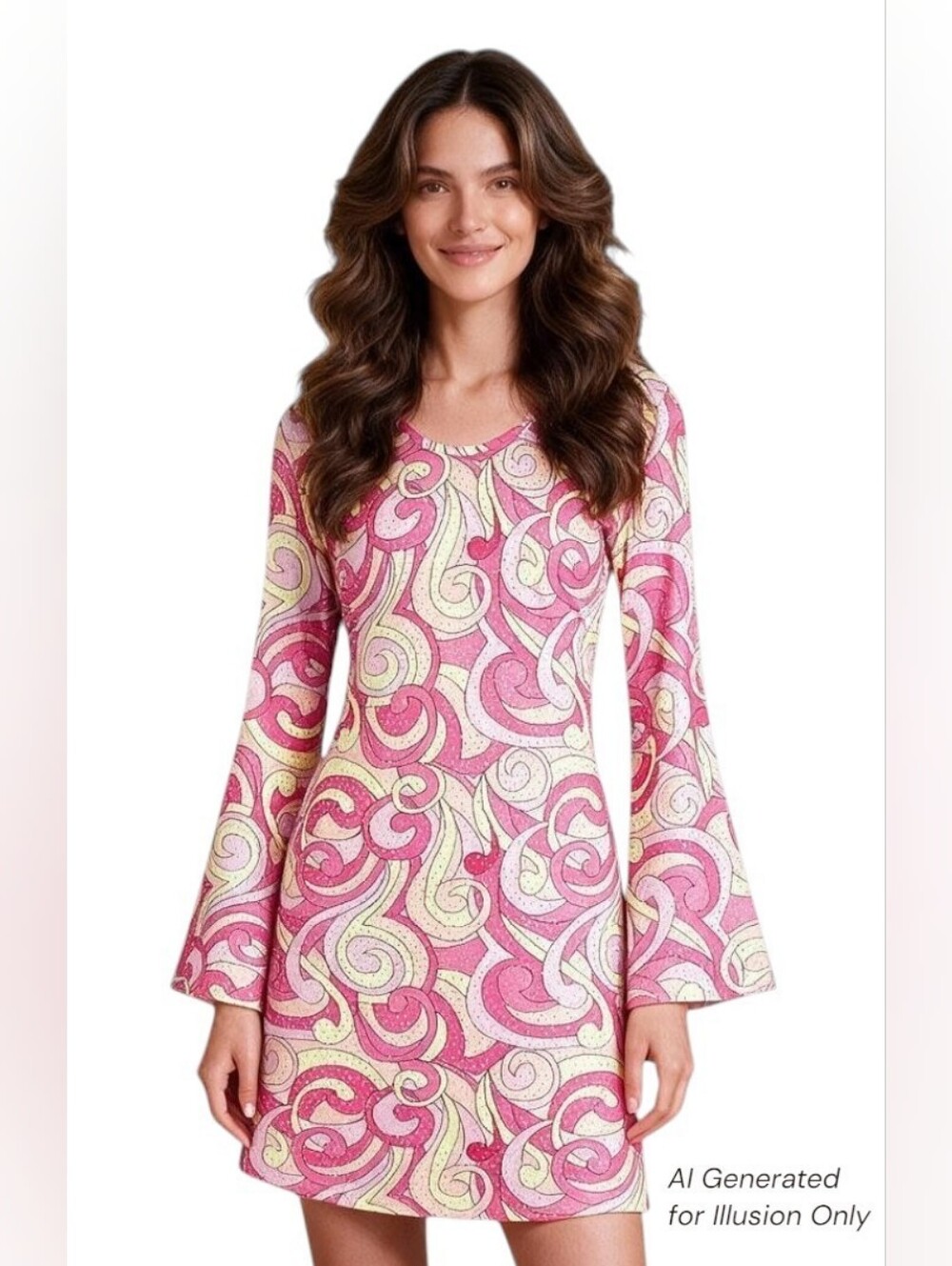 Women’s 70s Pink Swirl Long-Sleeve Shift Disco Dress, S